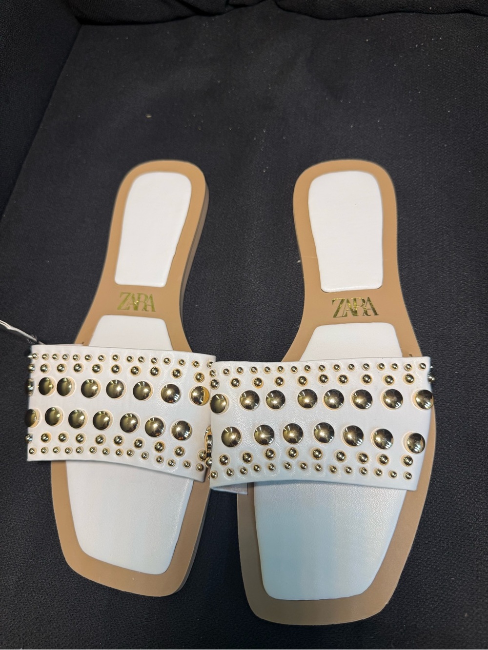 ZARA White Slide Sandals with Gold Stud Detail